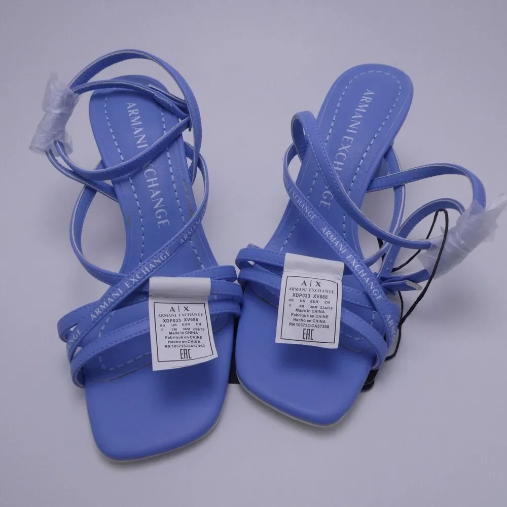 Armani Exchange Women's 6 Light Blue Leather Strappy Sandals Buckle Heel Square